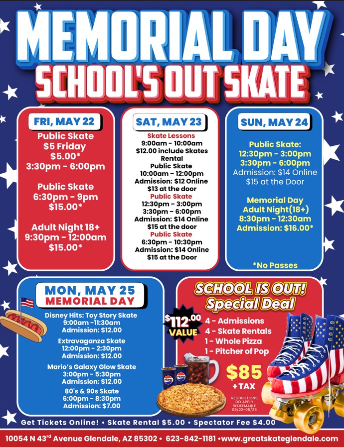 Come Roller Skating over Memorial Weekend at Great Skate in Glendale, AZ