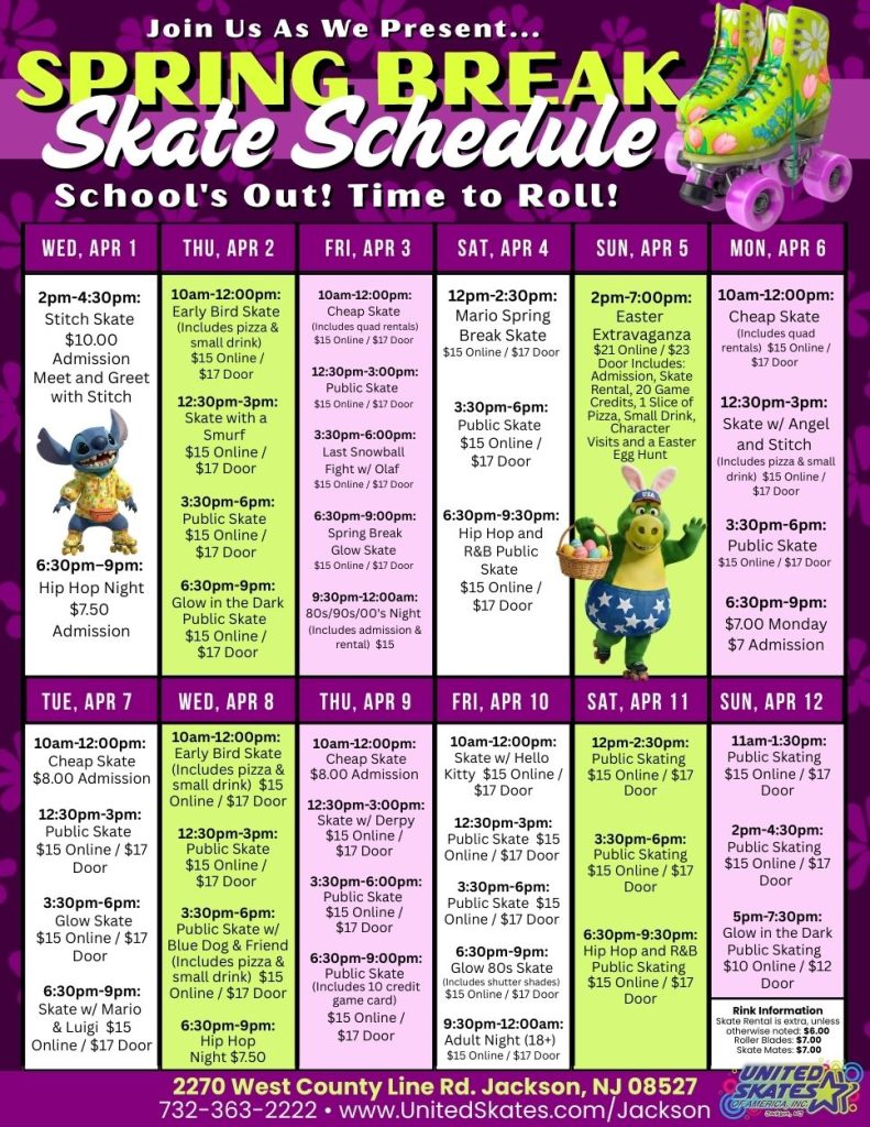 Spring break skate schedule March 9 to 13 2026 at United Skates of Jackson Township New Jersey with daily themed skating sessions and special events for kids and families