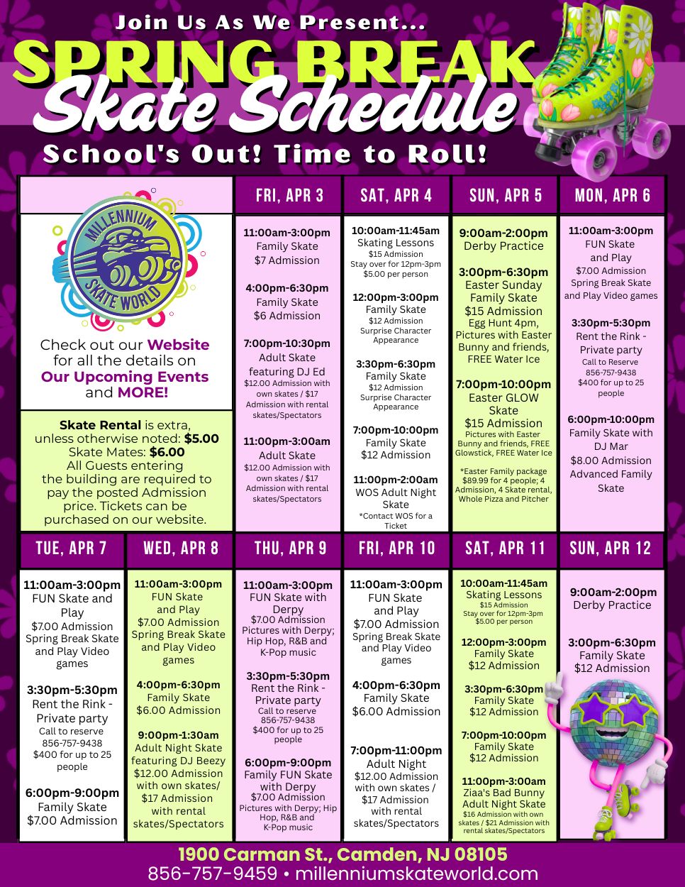 Spring break skate schedule April 3 to 12 2026 at Millennium Skate World Camden New Jersey with daily themed skating sessions and special events for kids and families