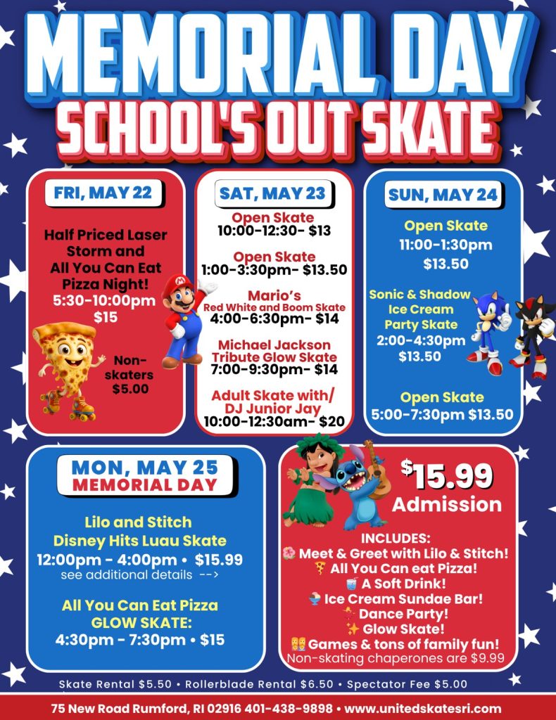 Join us Friday through Memorial Day Monday for family fun all weekend long at United Skates in Rumford, RI