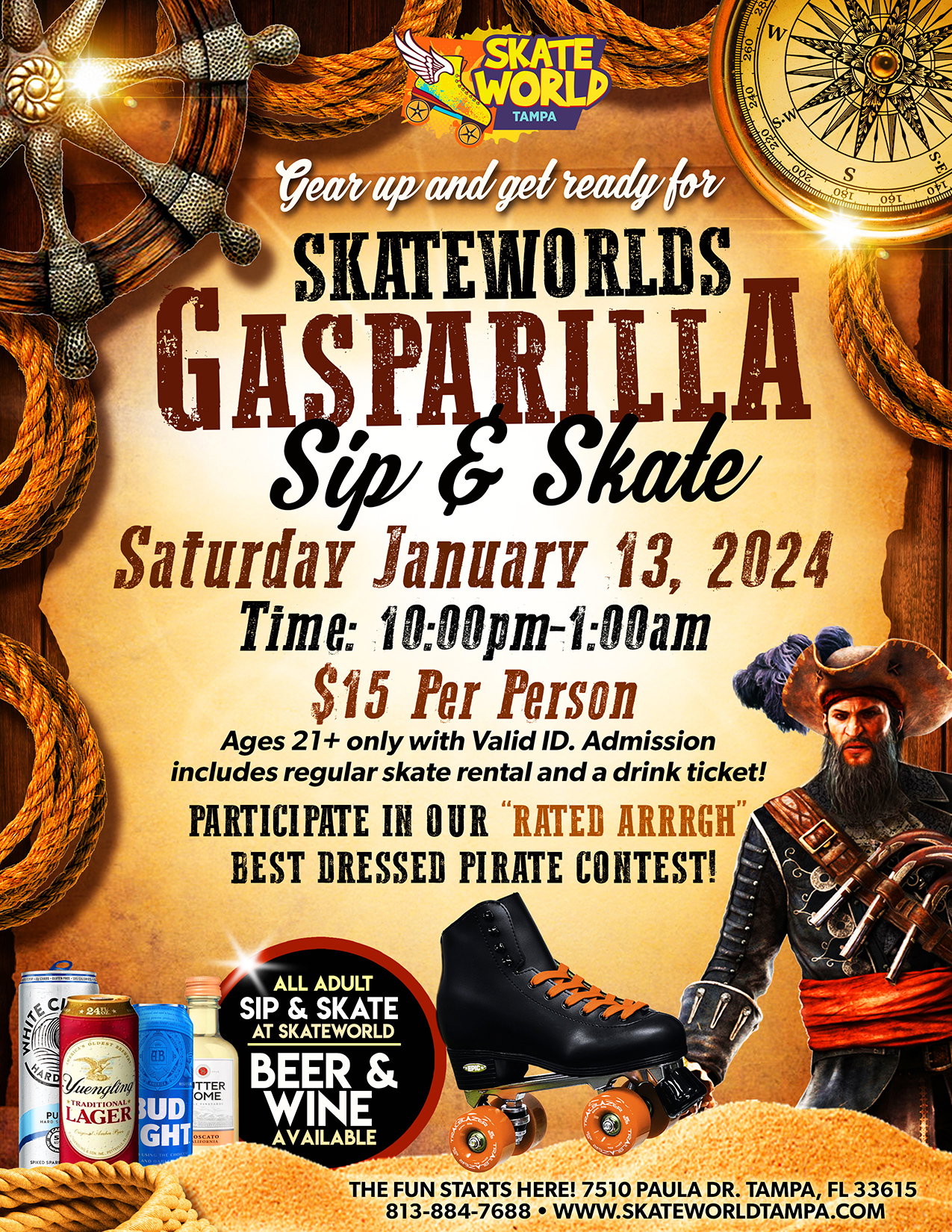 Gasparilla sip and skate at skate world tampa