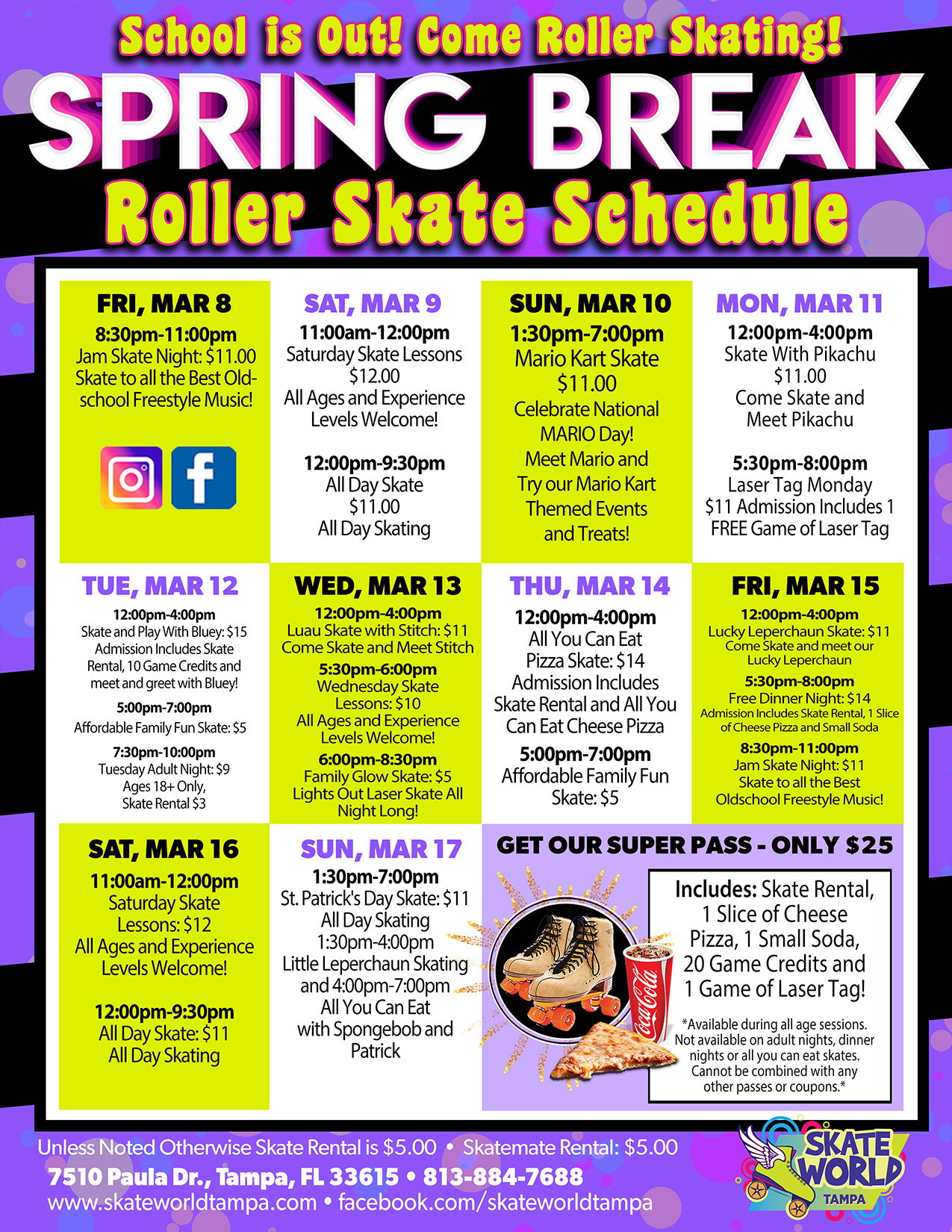 Spring Break 2024 Skating Schedule at Skate World Tampa