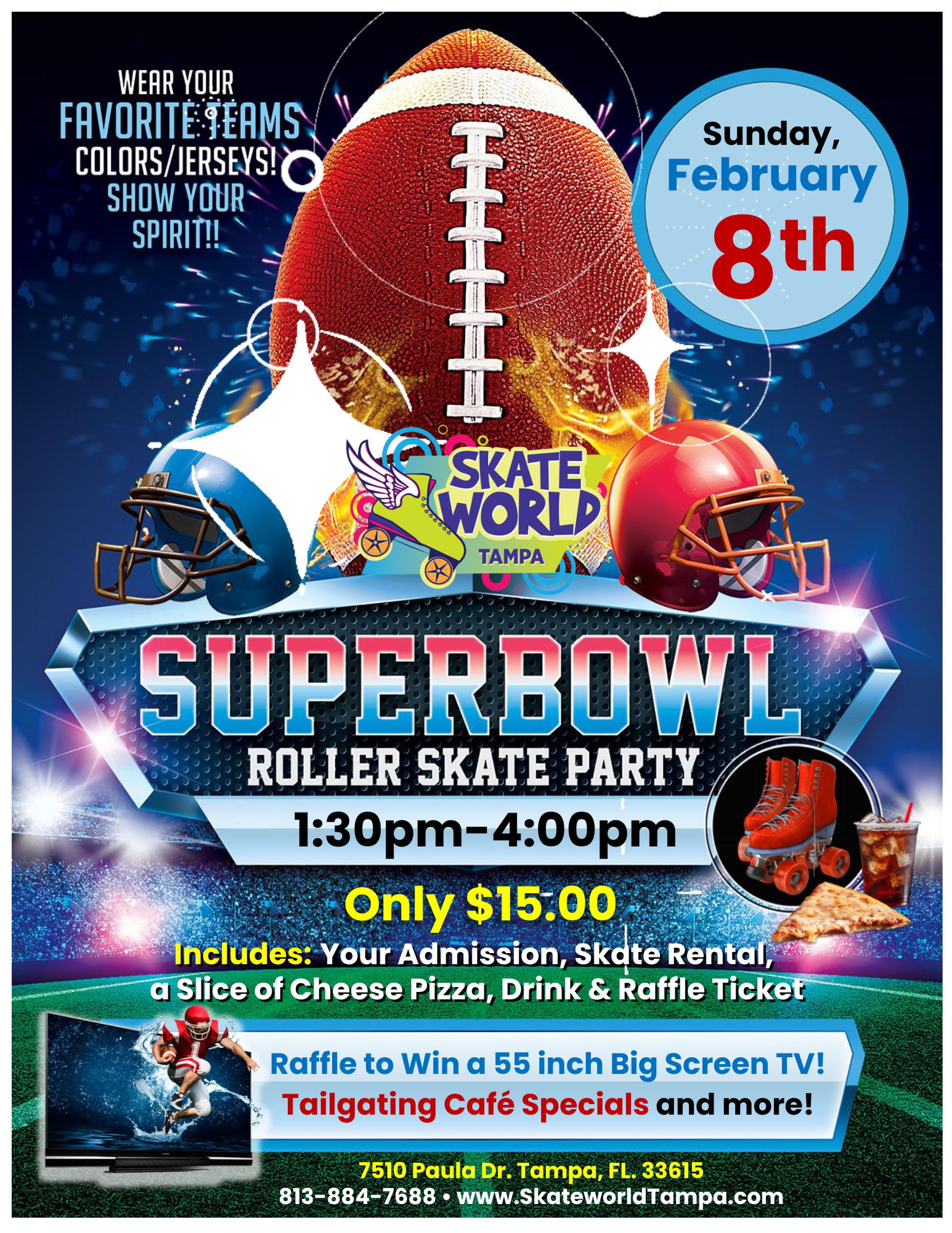 SuperBowl Sunday Skate Party at Skateworld Tampa with TV Giveaway