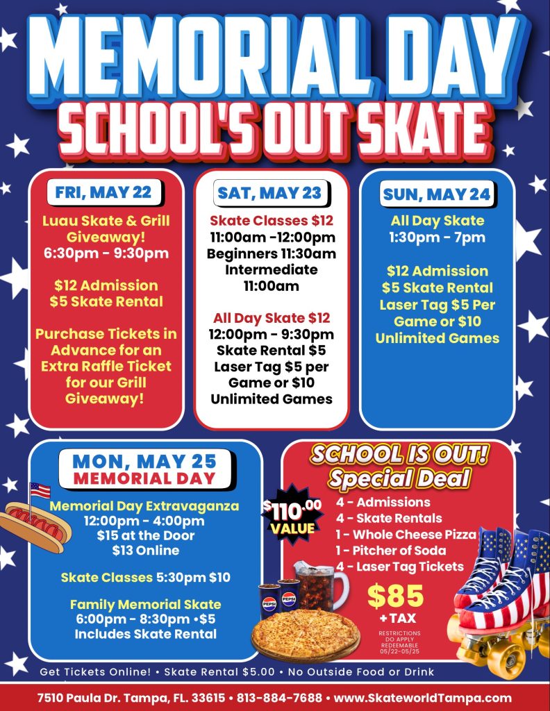 🛼 Memorial Day Weekend Plans? We’ve Got You Covered! School is out and the fun is ON at Skate Word in Tampa all weekend long!