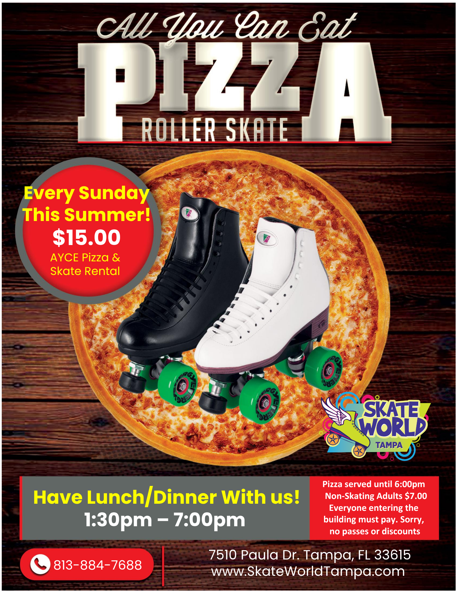 Sunday All You Can Eat Pizza Skating at Skateworld Tampa for Summer