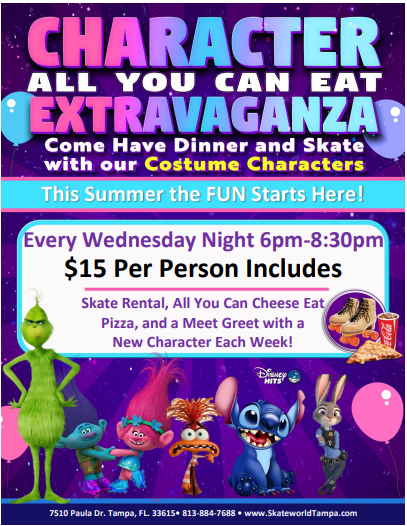 All you Can Eat Cheese Pizza and Skating with Characters at Skateworld Tampa!