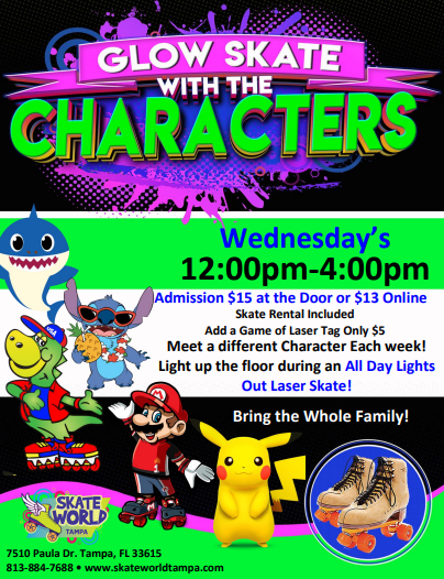 Summer Wednesday Glow Character Skating at Skateworld Tampa!