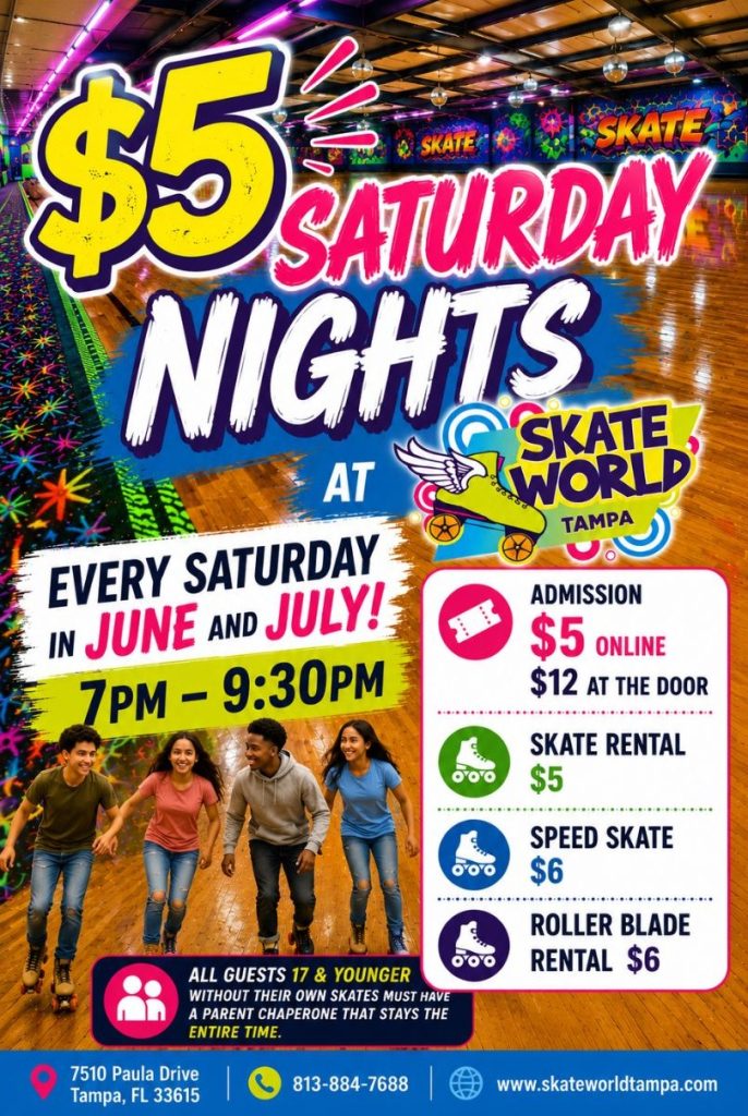 $5 Saturday NIght Skating and Laser Tag at Skateworld Tampa