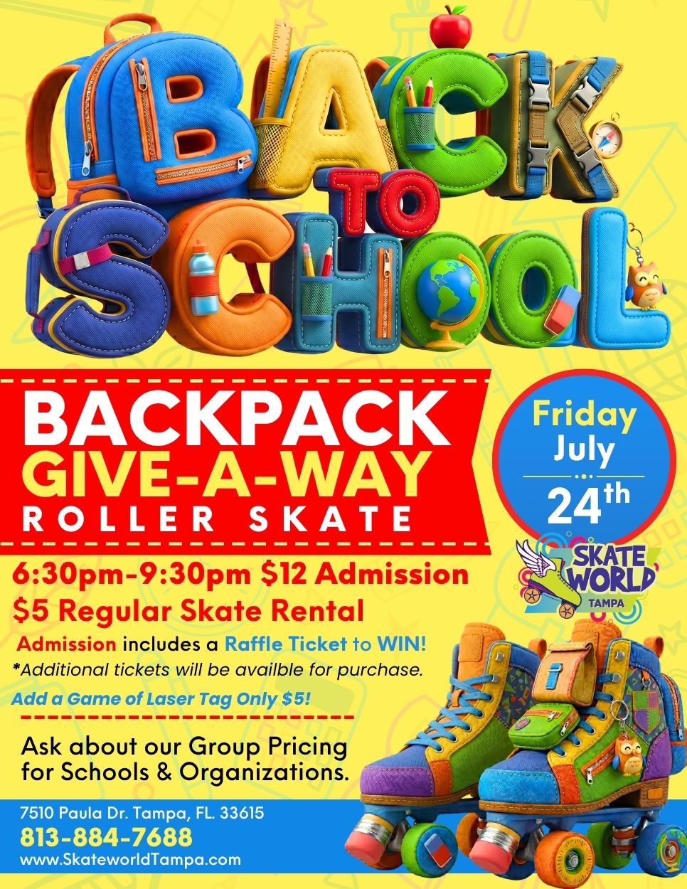 Backpack Giveaway Skating and Laser Tag at Skateworld Tampa