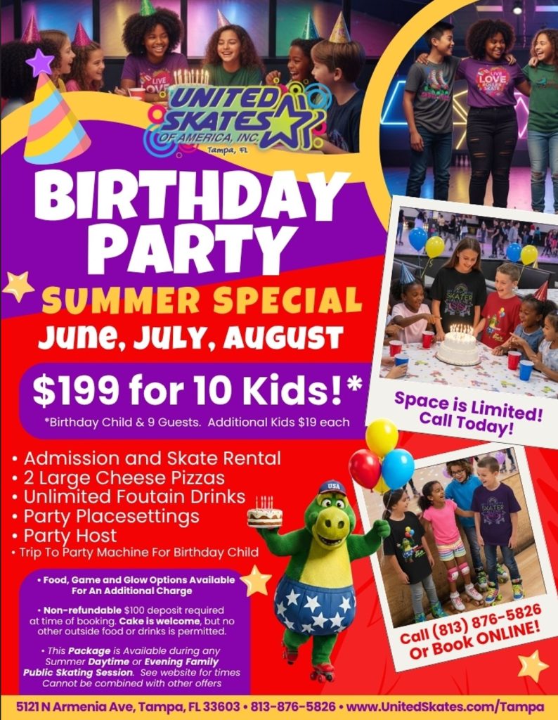 Kids Birthdays for only $199 summer 2026 at United Skates in Tampa, FL