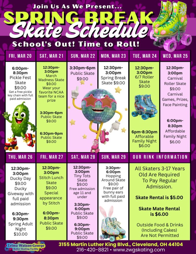 Spring break skate schedule March 20 to 29 2026 at United Skates of Cleveland Ohio with daily themed skating sessions and special events for kids and families